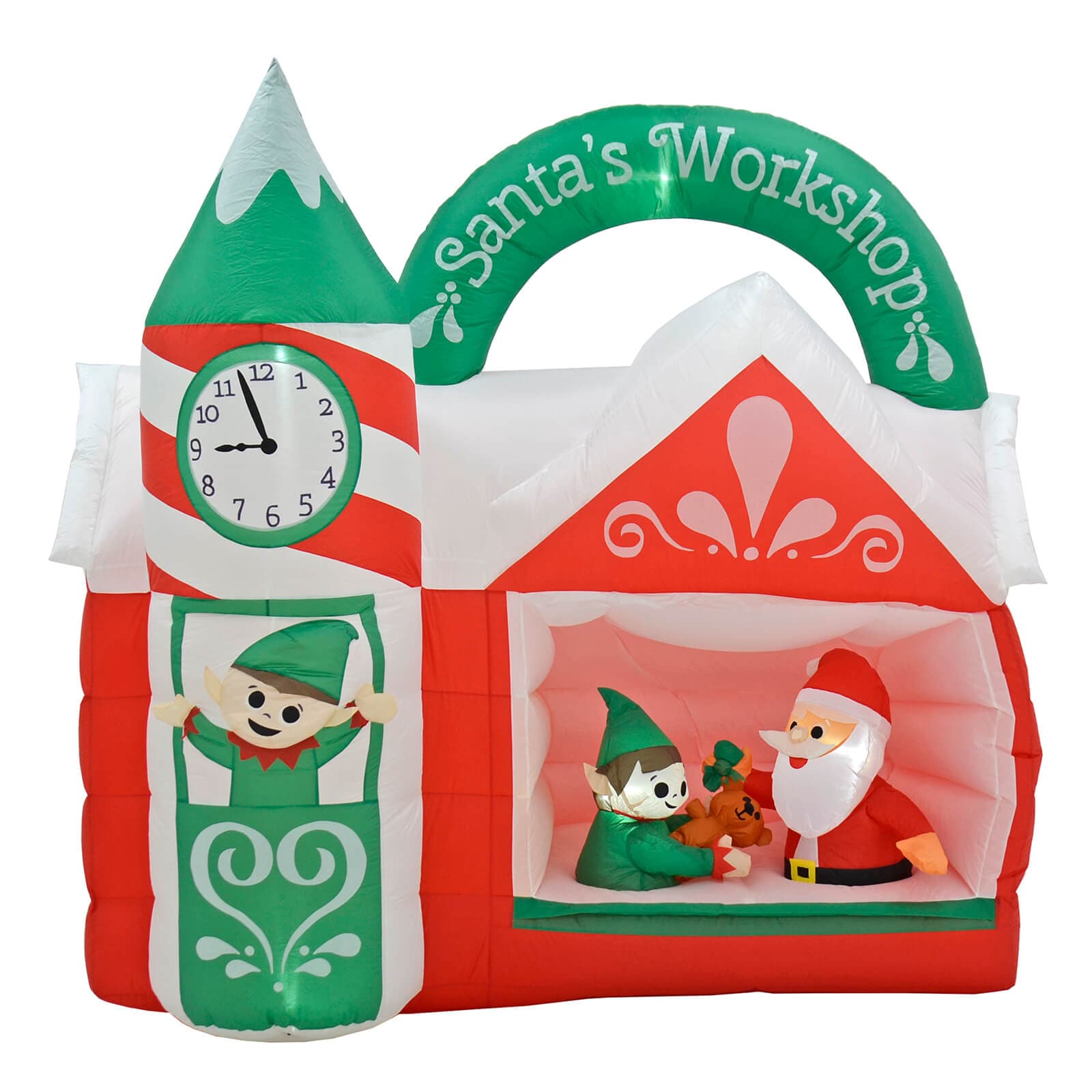 Large inflatable Christmas decoration with Santa and lef making toys in Santa's workshop with clock